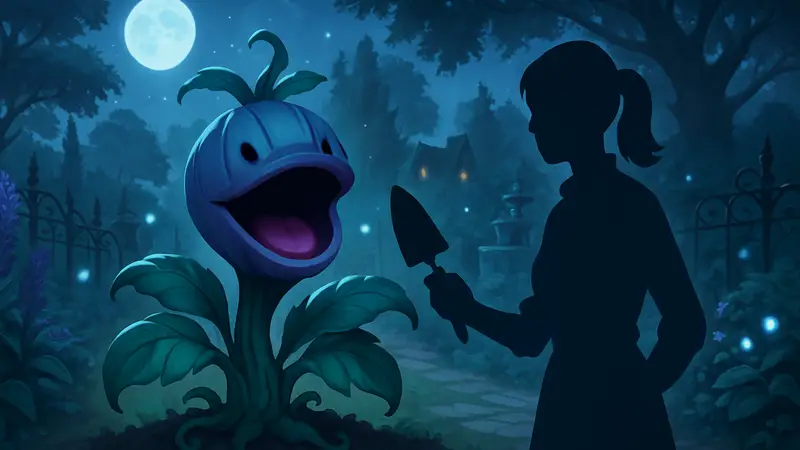 Растение Гобблер в игре Moonlight Peaks на фоне магического сада, гайд по выращиванию.