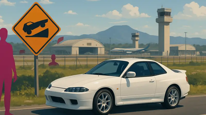 Скриншот из Forza Horizon 6 с японским автомобилем у знака Airfield Takeoff Danger Sign, на фоне аэропорта.
