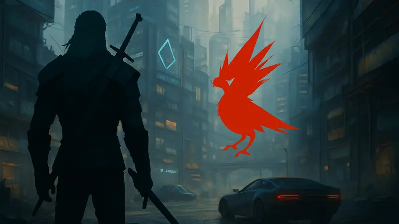 Арт с персонажами из игры "Ведьмак 4" или логотип CD Projekt Red на фоне Cyberpunk 2077.