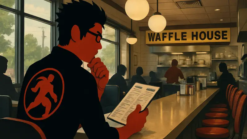 Кацухиро Харада, директор Tekken, в заведении Waffle House с меню, возможно, обдумывая новый этап для игры.