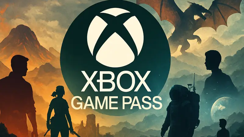 Логотип Xbox Game Pass на фоне коллажа из новых игр, добавленных в сервис в мае.