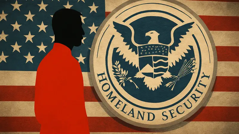 Логотип Департамента внутренней безопасности (DHS) на фоне флага США.