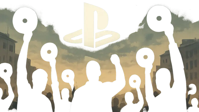 Логотип PlayStation на фоне протестующих геймеров с физическими дисками.