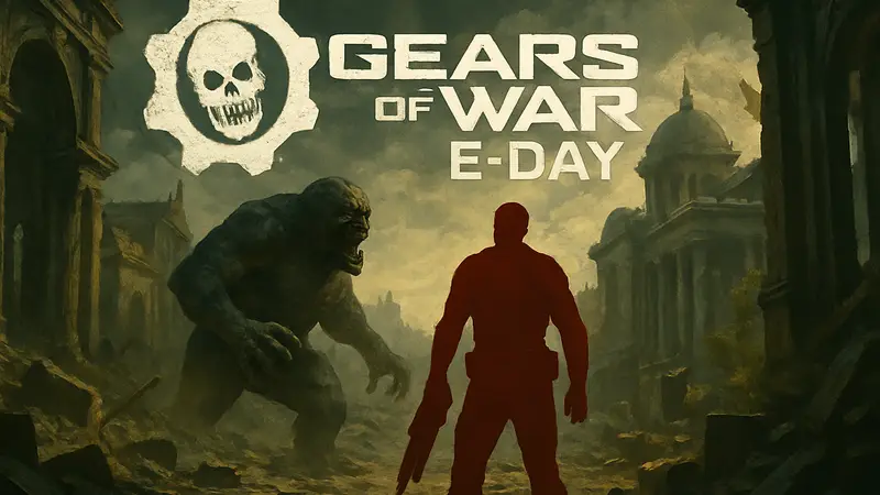 Логотип Gears of War: E-Day, демонстрирующий нового персонажа или ключевой момент игры.