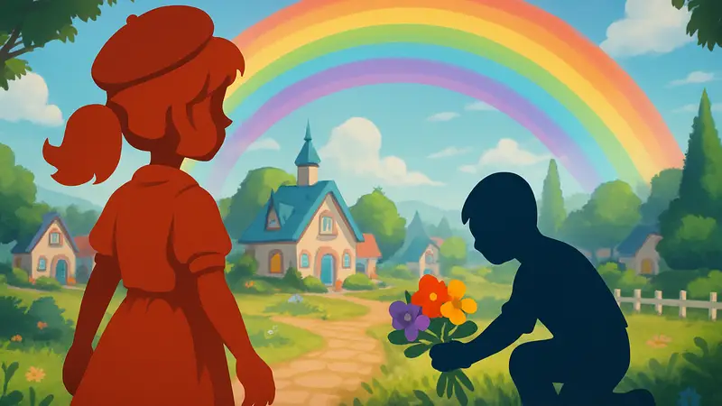 Heartopia: персонаж Дорис на фоне радуги и собирание радужного букета в игре.