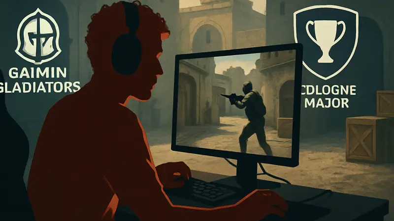 Киберспортсмен fer играет в Counter-Strike, логотипы Gaimin Gladiators и Cologne Major.