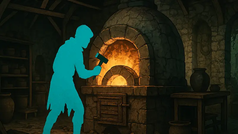 Скриншот квеста в Crimson Desert, где игрок ремонтирует печь в мастерской