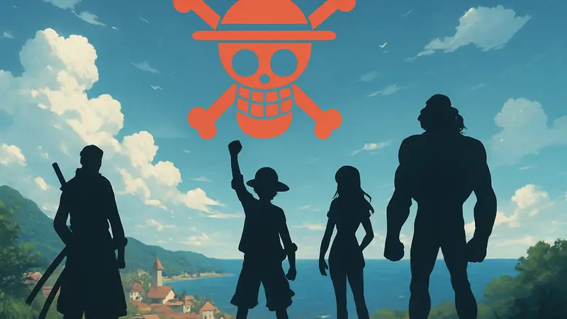 Логотип One Piece или арт с персонажами в стилистике WIT Studio.