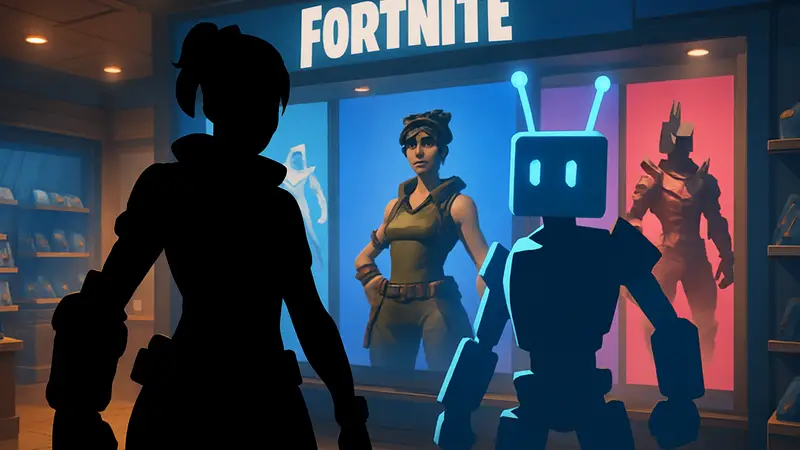 Игровые скины Робо-Рэй и Лок-Бот из Fortnite на фоне магазина предметов