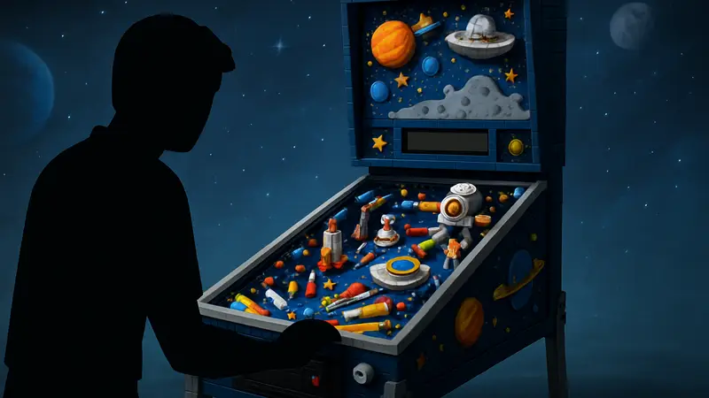 Компьютерная модель или изображение набора LEGO аркадного пинбола в космической тематике.