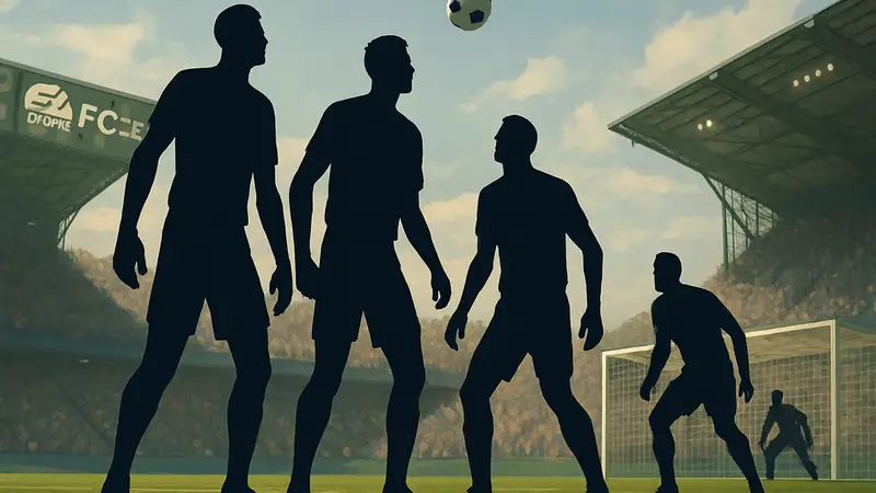Группа высоких футболистов из EA Sports FC 26 на поле, готовящихся к воздушной дуэли, демонстрируя их преимущество