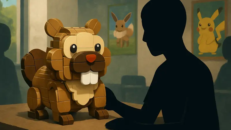Переделанная фигурка LEGO покемона Бидуфа, созданная из набора Иви, демонстрирующая креативность фаната Pokémon.