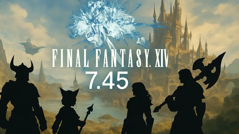 Логотип Final Fantasy 14 с номером патча 7.45, на фоне персонажей игры