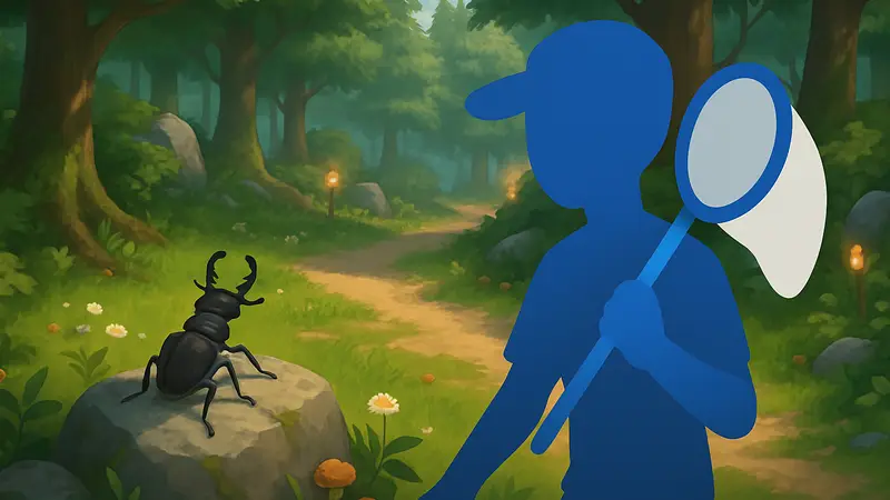 Игрок ловит жука-оленя в лесу Heartopia: скриншот игрового процесса