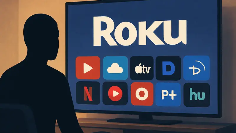 Логотип Roku на фоне экрана телевизора с иконками стриминговых сервисов.