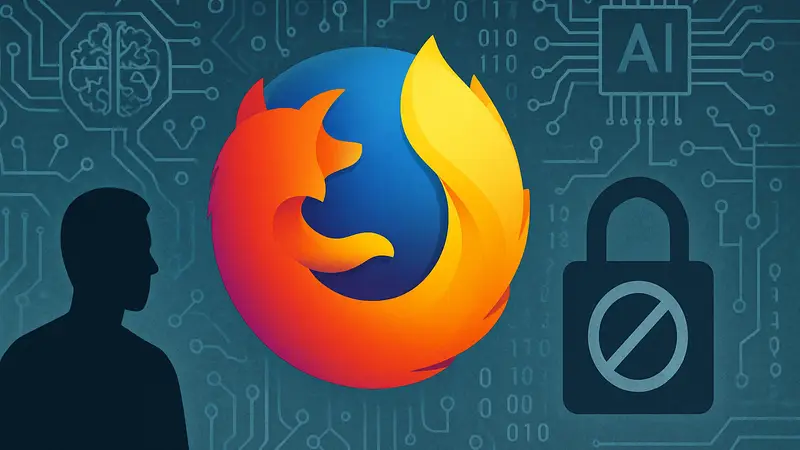 Логотип Firefox на фоне цифровых паттернов, символизирующих функции ИИ и возможность их блокировки.