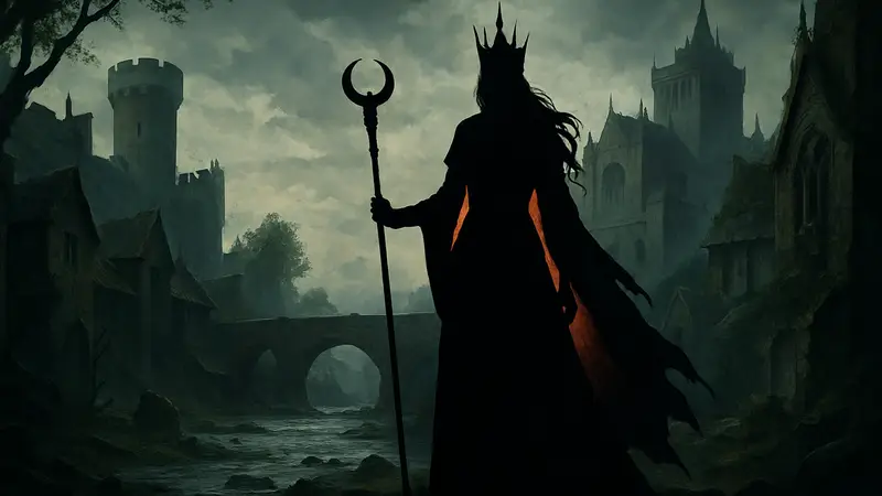 Обложка игры The Dark Queen of Mortholme с темной королевой и элементами фэнтези.