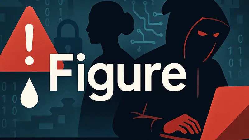 Логотип компании Figure на фоне символов утечки данных и хакерской деятельности ShinyHunters.