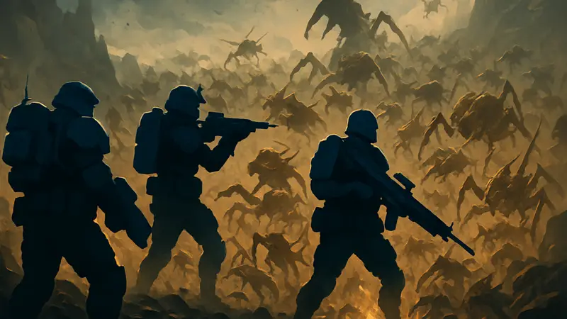 Игровой скриншот Helldivers 2 с бойцами, сражающимися против полчищ Терминидов, с акцентом на экипировку.