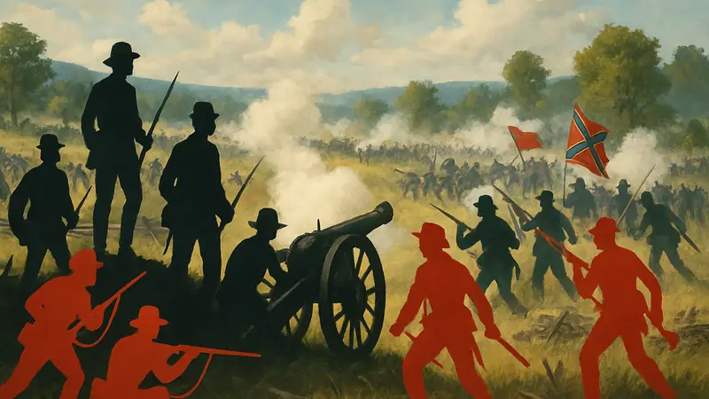 Иллюстрация битвы при Геттисберге с солдатами и пушками, логотип настольной игры