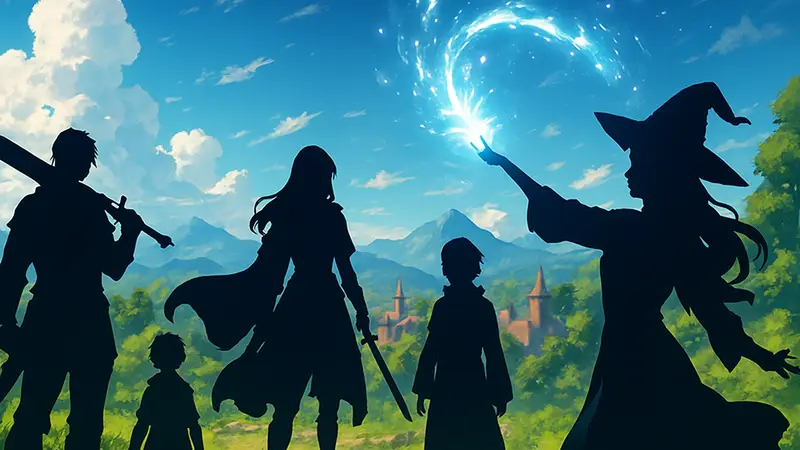 Обложка фэнтези-аниме с яркими персонажами и магией на фоне