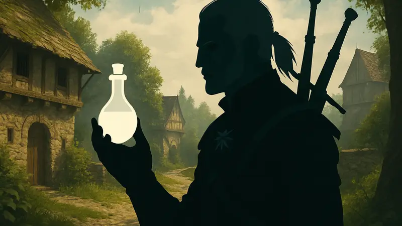 Геральт из The Witcher 3, держащий в руке Зелье Очищения, символизирующее сброс и перераспределение навыков.