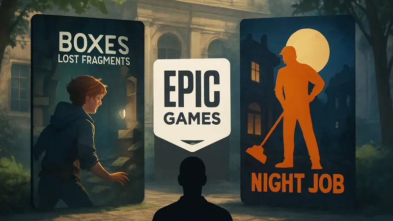 Логотип Epic Games Store с обложками бесплатных игр Boxes: Lost Fragments и Night Job