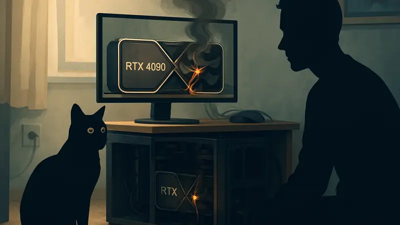 Кошка сидит рядом с компьютером, на экране которого видно видеокарту Nvidia RTX 4090 с расплавленным разъемом.