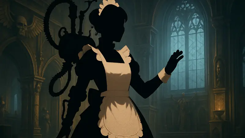 Косплеер LaSombra в образе друкарской горничной из Warhammer 40,000, демонстрирующая свой костюм.