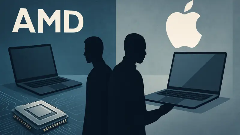 Логотипы AMD и Apple, сравнение MacBook Neo и ноутбуков на AMD, процессор