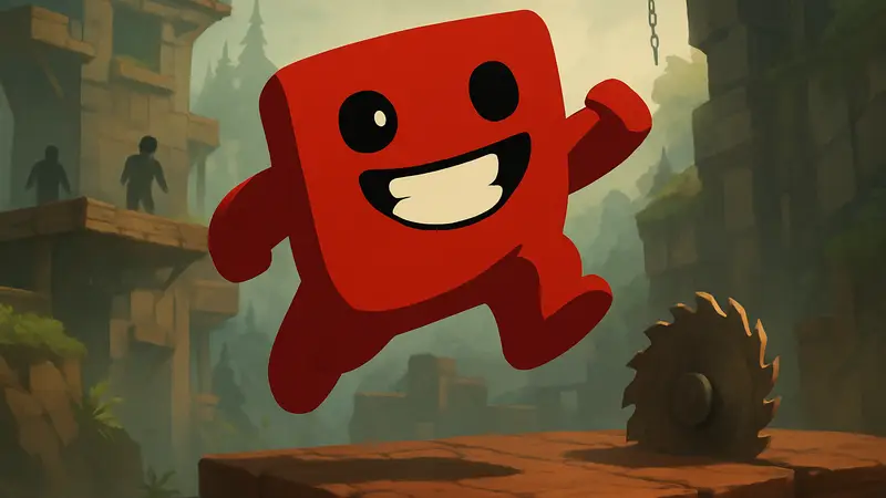 Заглавный персонаж Super Meat Boy 3D в динамичной позе на фоне игрового уровня.