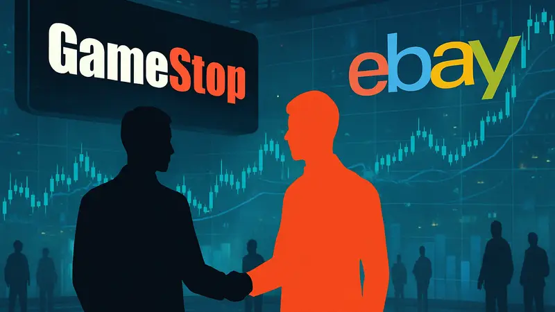 Логотипы GameStop и eBay на фоне цифрового рынка, символизирующие сделку