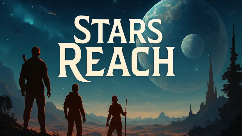 Логотип MMORPG Stars Reach на фоне космического пейзажа.