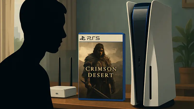 Диск Crimson Desert для PlayStation 5, рядом с консолью и роутером.