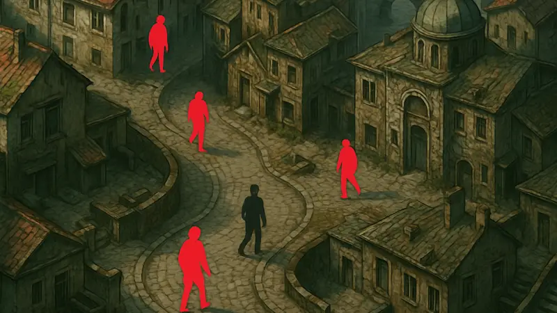 Геймплей Zero Parades, новая RPG от ZA/UM, вид сверху на город.