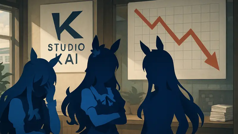 Логотип Studio Kai или персонажи из Umamusume: Pretty Derby, символизирующие финансовые проблемы студии.
