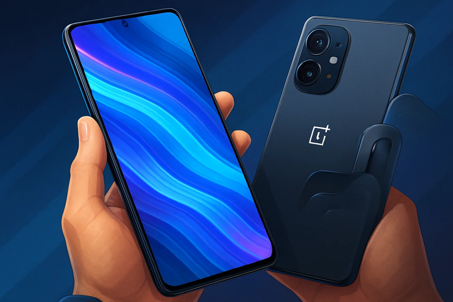 Смартфон OnePlus 16 с футуристическим дисплеем 200 Гц, демонстрирующий плавное изображение и высокую четкость.