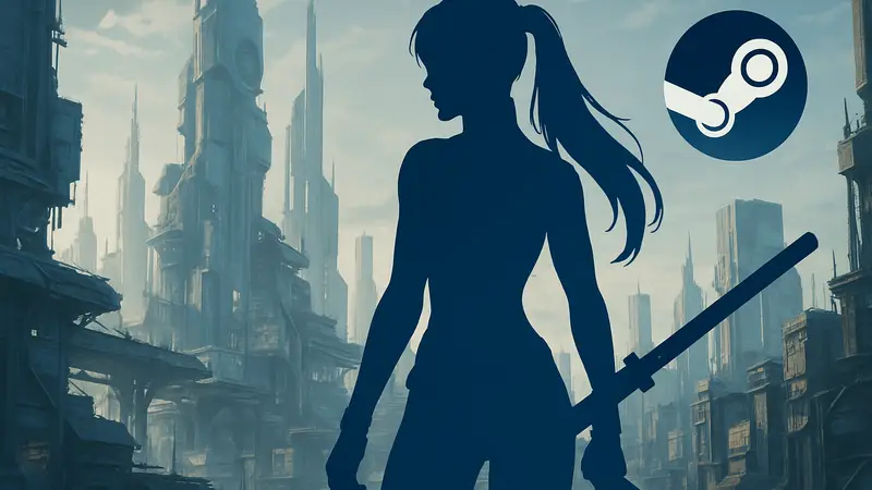Изображение героини Евы из игры Stellar Blade с мечом, на фоне футуристического города. Скидка Steam.