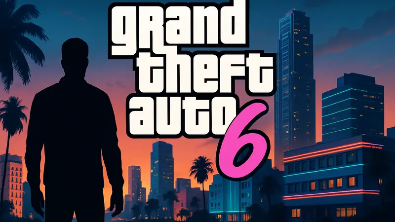 Логотип Grand Theft Auto 6 на фоне силуэтов зданий Вайс-Сити