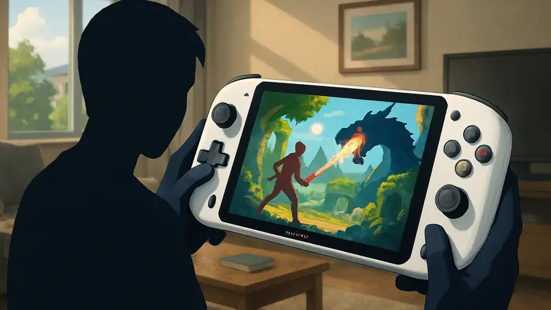 Игровой смартфон Ayaneo Pocket PLAY с контроллерами, демонстрирующий игру.