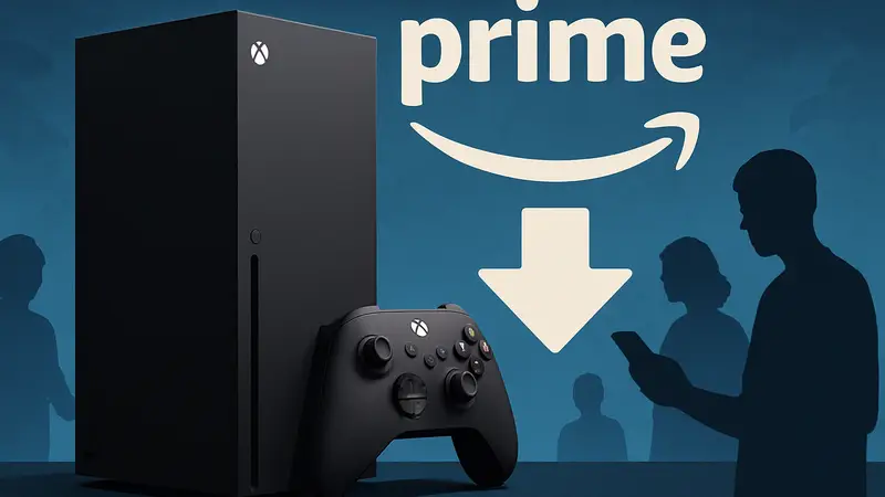 Игровая консоль Xbox Series X на фоне логотипа Prime Day с надписью "скидки".