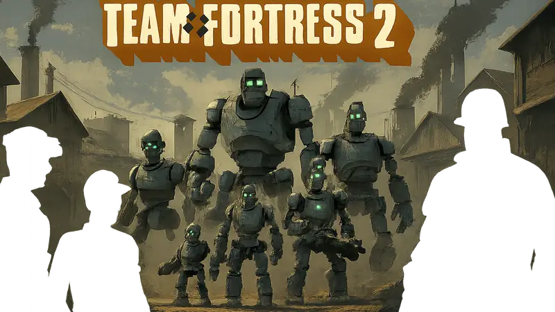 Логотип Team Fortress 2 с изображением роботов из режима «Манн против машин».