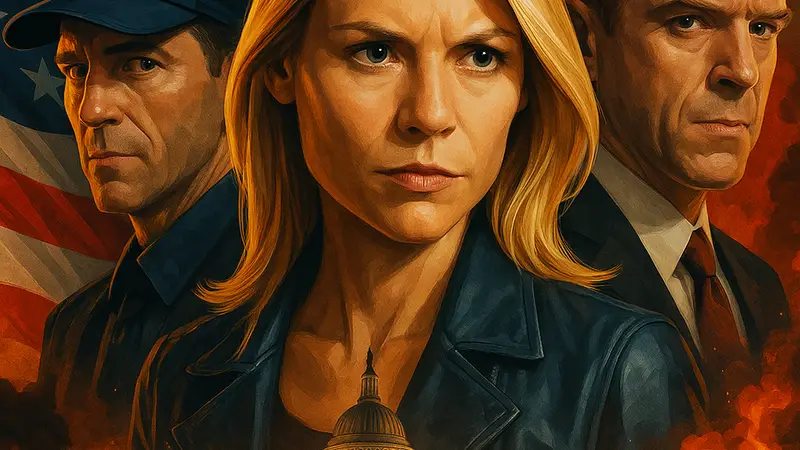 Постер сериала Homeland, демонстрирующий главных героев и напряжённую атмосферу политического триллера.