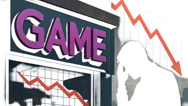 Логотип британского ритейлера GAME на фоне графика падения, символизирующего финансовые проблемы и долг.