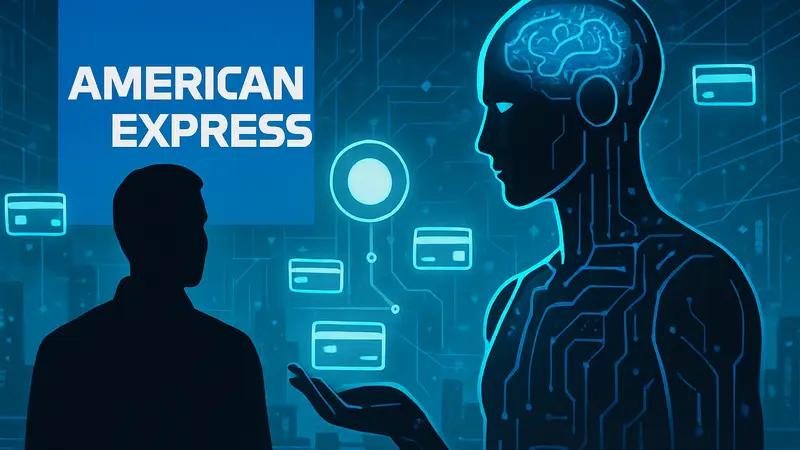 Логотип American Express на фоне футуристического изображения ИИ и транзакций