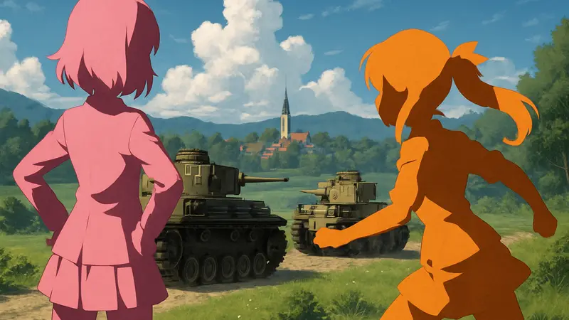 Пилотный визуал аниме Girls & Panzer: Ribbon no Musha с главными персонажами и танками.