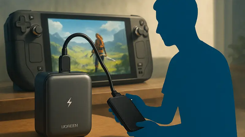 Ugreen Nexode Retractable пауэрбанк для Steam Deck на фоне консоли, показывающий возможность зарядки и использования.