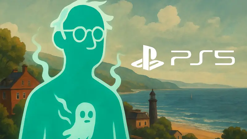 Главный герой игры I Am Dead с призрачными элементами и логотипом PS5 на фоне
