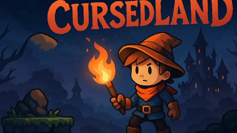 Скриншот игры Cursedland, показывающий главного героя на платформе в Steam. Обложка Cursedland.
