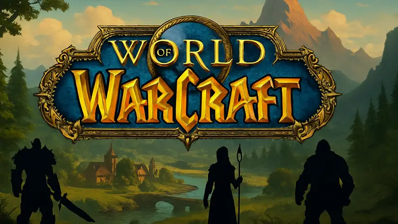 Логотип World of Warcraft на фоне фэнтезийного мира